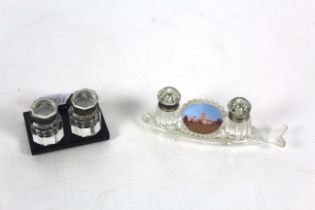 Two pairs of glass miniature inkwells, one fish sh