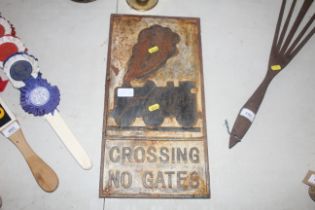 A cast iron railway notice sign for "Crossing, No Gates" approx. 18 ¾" x 9 ½"