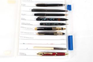A case containing nine various pens to include Safety Mechanical pencil, Conway Stewart Duro point