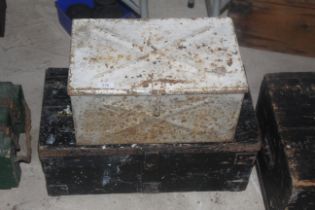 A metal bound and wooden storage box and a metal s