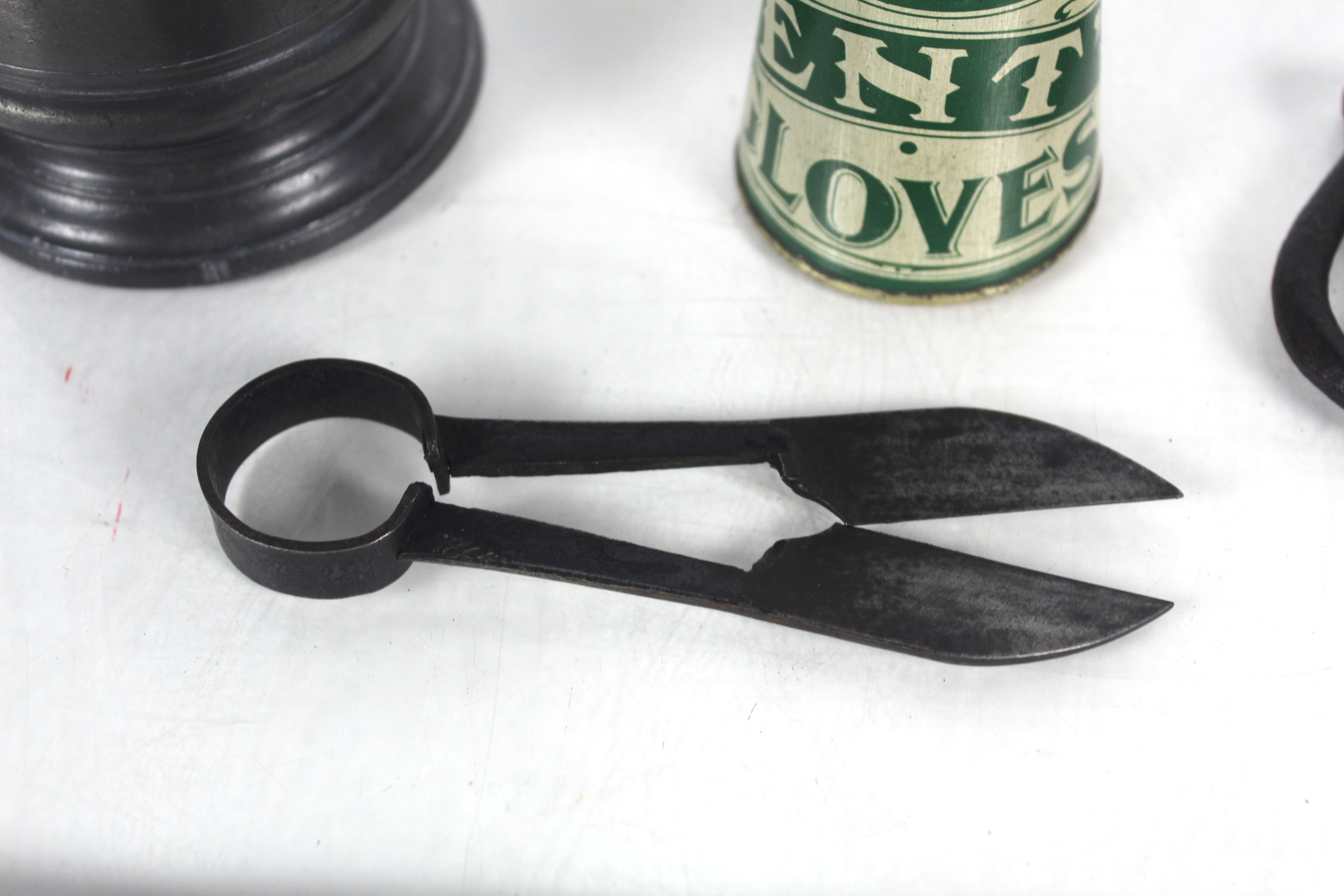 A small collection of antique metal ware including a pewter tankard, 18th Century steel pocket multi - Bild 4 aus 5