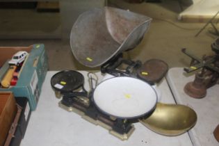 Two sets of Avery shop scales with unassociated brass pouring scoop
