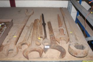 Nine large vintage spanners