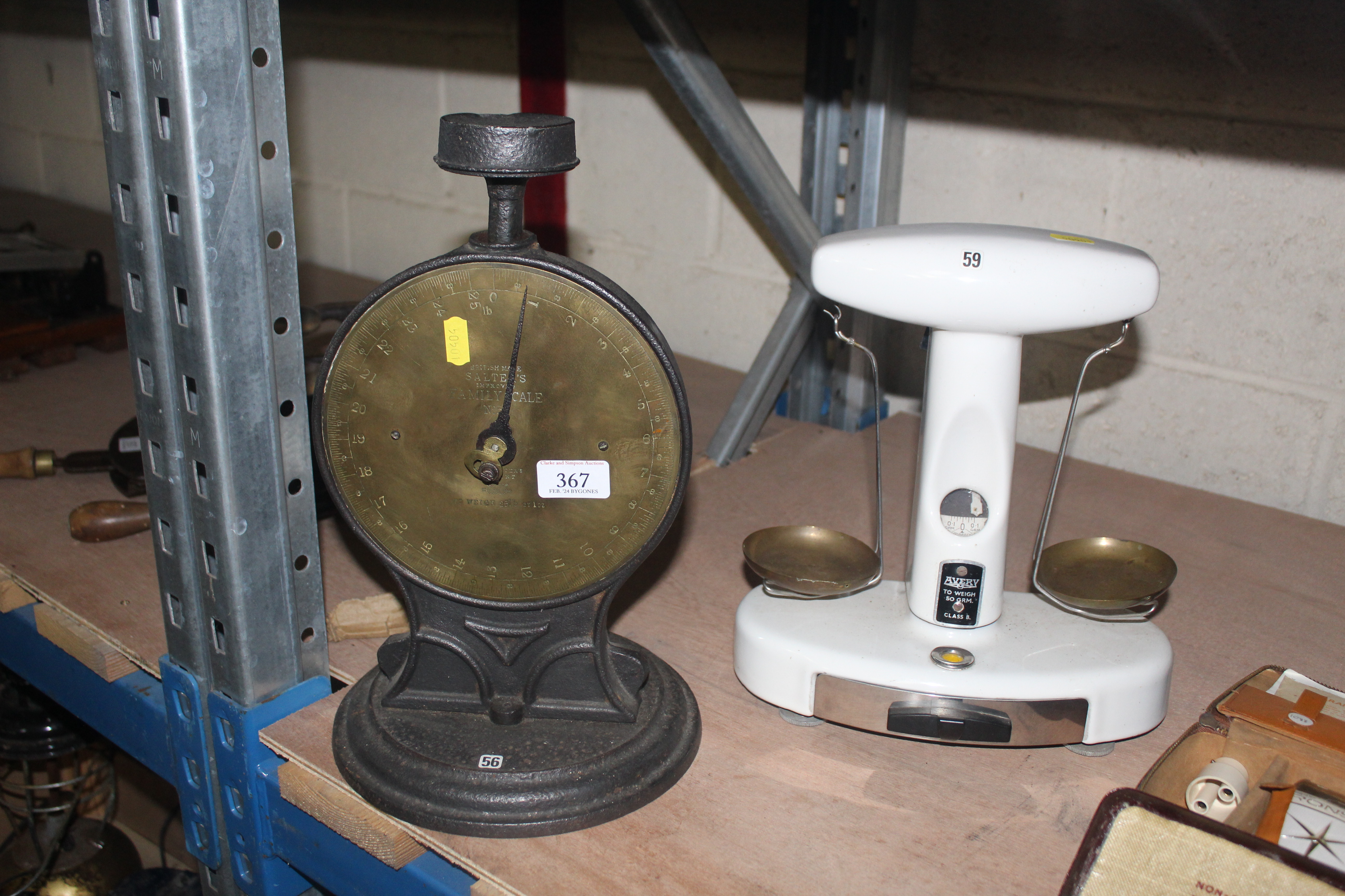 A brass faced Salter Family balance scale with no tray and a small Avery set of balance shop