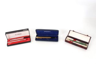 A boxed Parker fountain pen and ball point pen, Sheaffer fountain pen in case and an Oriental