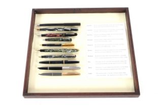 A board of ten various fountain pens including John Bull, Doowrite, Platignum etc.