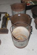 Three old milk buckets with swing handles and hook