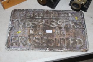 An L. & N. E. Railway cast iron sign for "Trespass