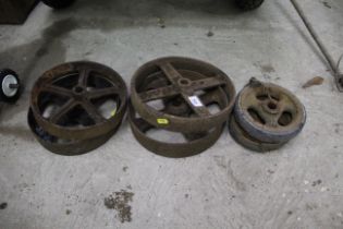 Six various sized metal wheels, to include a pair of military grade galvanised wheels