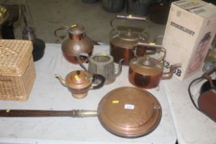 Two copper kettles and various other copper and pl