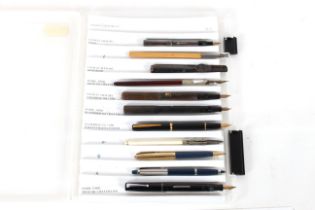 A case containing eleven various pens to include Conway Stewart Dinky, Conway Stewart Semi-Hood,