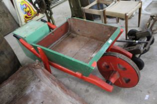 A vintage wooden wheelbarrow