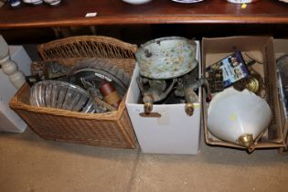 Three boxes containing various light fittings, Art Deco light shades, Spelter figural table lamps