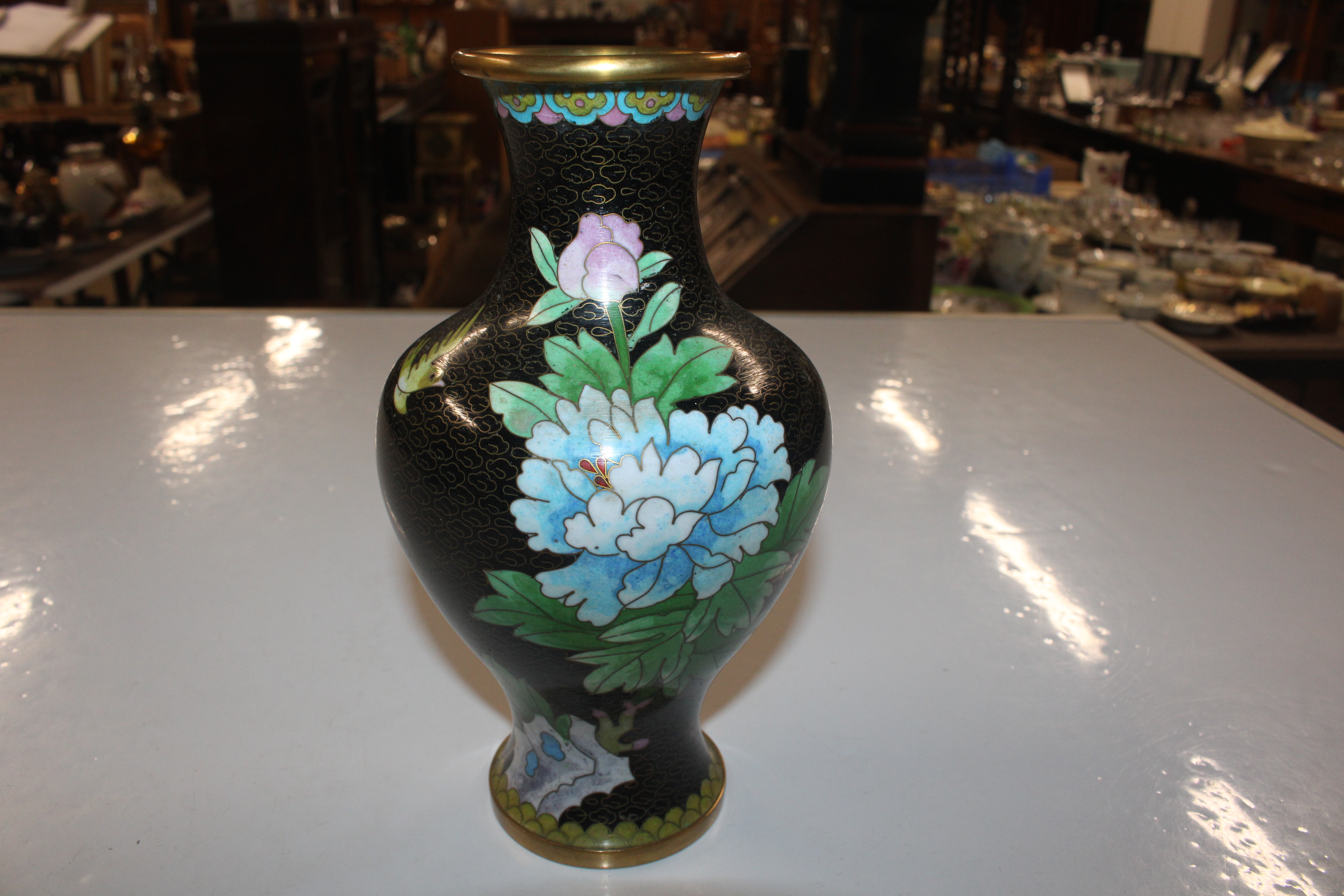 A pair of Cloisonné floral decorated vases on wood - Image 2 of 28