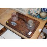 A walnut desk stand with cut glass ink wells