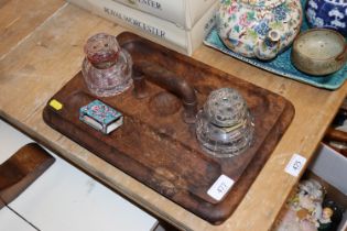 A walnut desk stand with cut glass ink wells