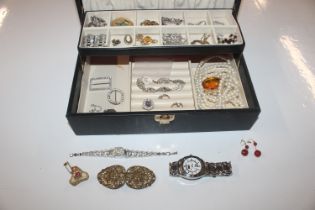 A cantilever jewellery box and contents of costume