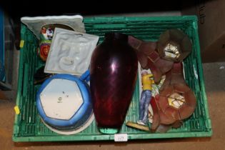 A box containing various light shades, Royal Doulton figure 'teeing off' AF, Amethyst colour vase,