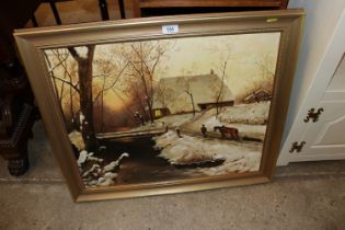 A framed oil on board depicting wintery scenes, si