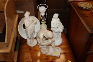 Two Alabaster figures and oynx table lamp and a Pa