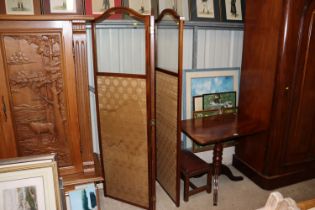 A mahogany and boxwood strung three fold screen