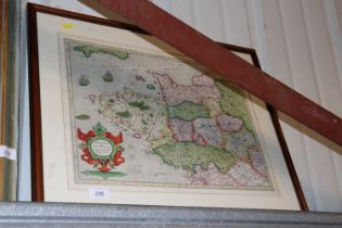 A framed and glazed map by Geralus Mercator (1512-1594) depicting Britannia and Normandia, hand
