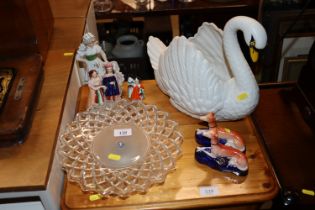 A glass case stand, a Devon Swan, Staffordshire gr