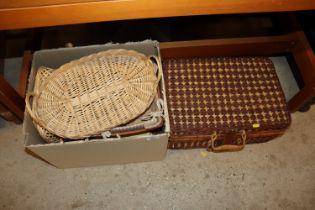 A wicker picnic hamper together with a box of vari