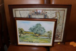 A framed and glazed "Saxons Map of Suffolk"; two w