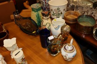 A Langham Art Glass vase, an Art Glass fruit bowl, brass bust and various jugs