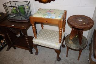 A pine dressing table stool together with one othe