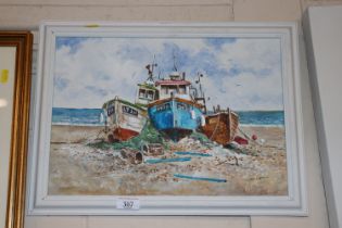 Ken Curtis, acrylic on board 'Fishing Boats at Ald