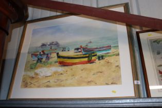 Valleios, framed watercolour depicting beach scene