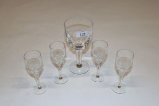 Stephen Rickard, 1980 etched glass goblet and four