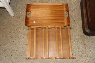 A teak folding bed tray together with an oak shelf