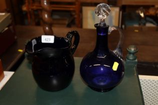 A Bristol blue glass style jug and decanter