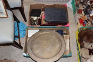 Two boxes of various cutlery; brass tray etc