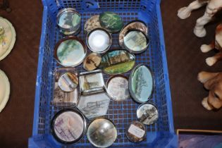 A plastic crate containing various paperweights