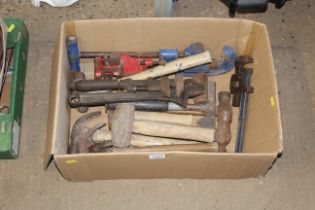 A box containing a quantity of tools to include a Record adjustable wrench; a Record No. 80 bench