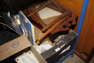 A box of various sundries, stationery items, pictu