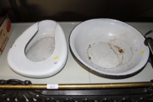 An enamel bed pan and bowl