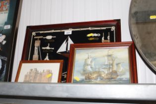 A framed and glazed display of ships knots, an oil