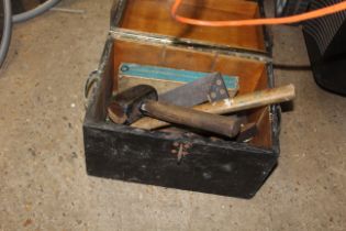 A wooden lockable tool box and contents of various
