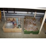 Two boxes of table glassware to include decanters,