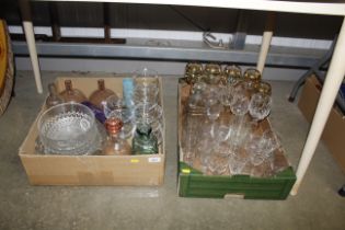 Two boxes of table glassware to include decanters,