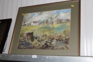 A framed oil study of a rural scene