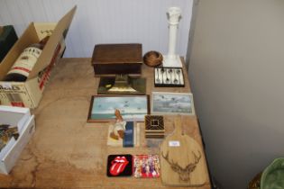 A brass inkwell, various wooden items, trinket box