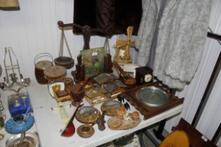 A collection of wooden items to include scales, ba