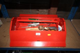 A Halfords red metal tool box with interior tool tray and contents of various tools