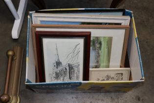 A box of oil paintings and prints and a Great West